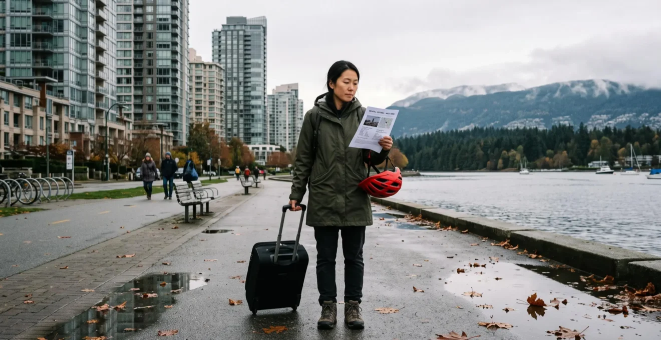 Une nouvelle arrivante avec une valise et une feuille d'annonce de location se tient sur la promenade en bord de mer à Vancouver, entre les immeubles résidentiels et les montagnes.