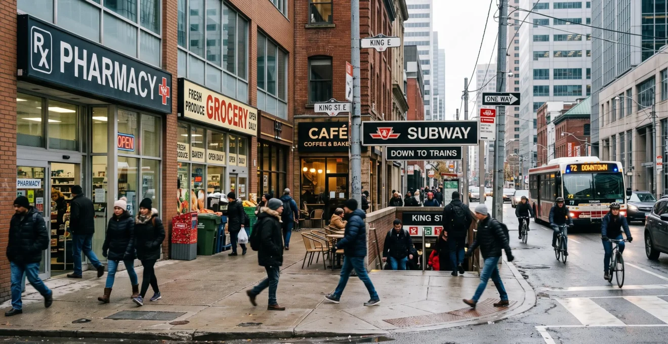Une rue de centre-ville canadien animée où se succèdent pharmacie, épicerie, café et entrée de métro, avec des piétons en manteaux et un autobus en circulation.
