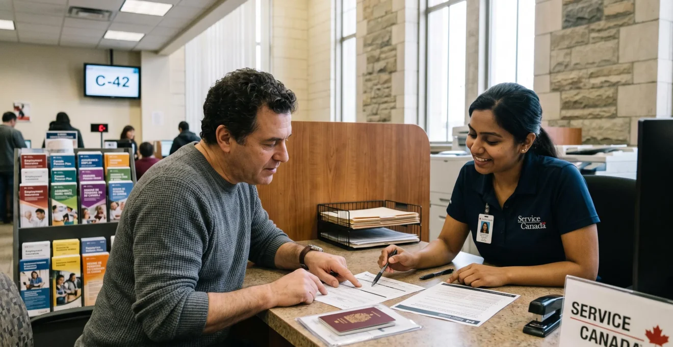 Un citoyen examine des documents avec un préposé à un comptoir de services gouvernementaux au Canada.