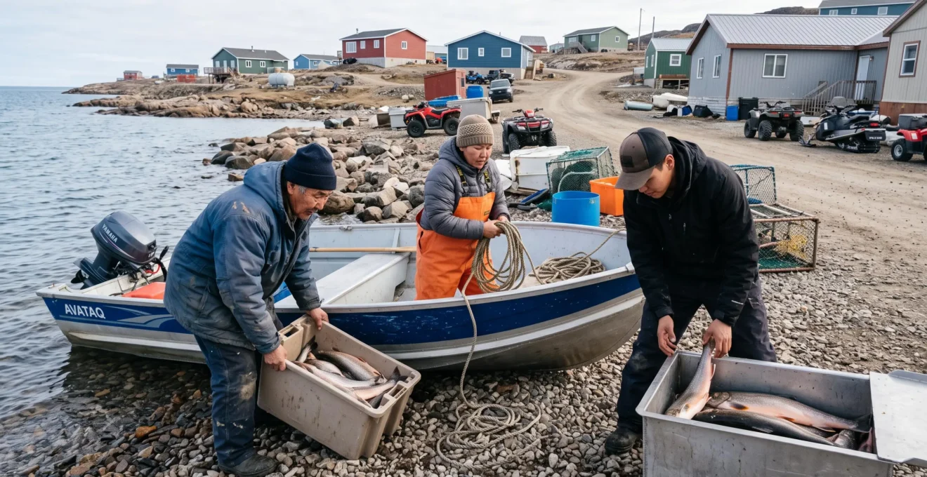Trois adultes inuit déchargent des poissons et du matériel de pêche près des habitations d'une communauté côtière du Nunavut.
