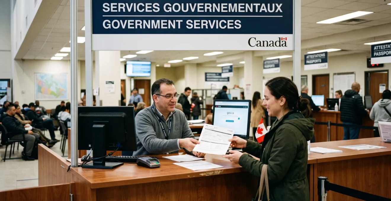 Un agent de services fédéraux canadiens remet un document à un citoyen à un comptoir signalé en français et en anglais.