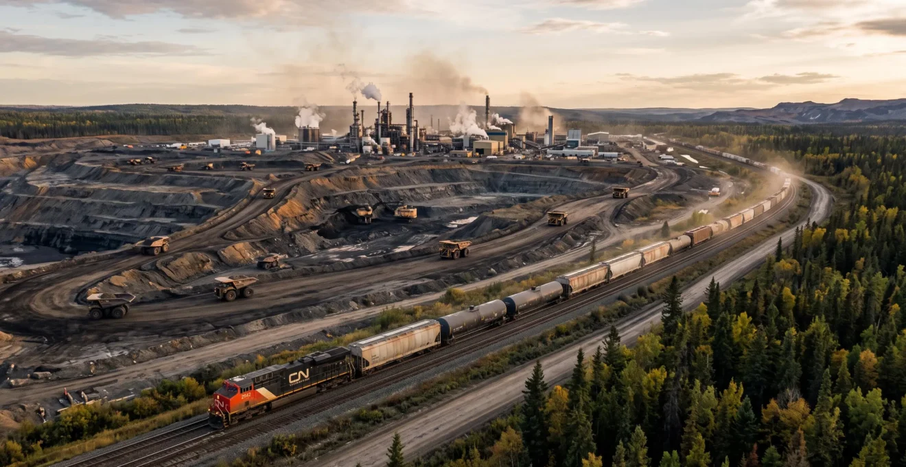 Site d'extraction pétrolière en Alberta avec camions miniers, installations de transformation et voie ferrée transportant les ressources vers l'exportation.