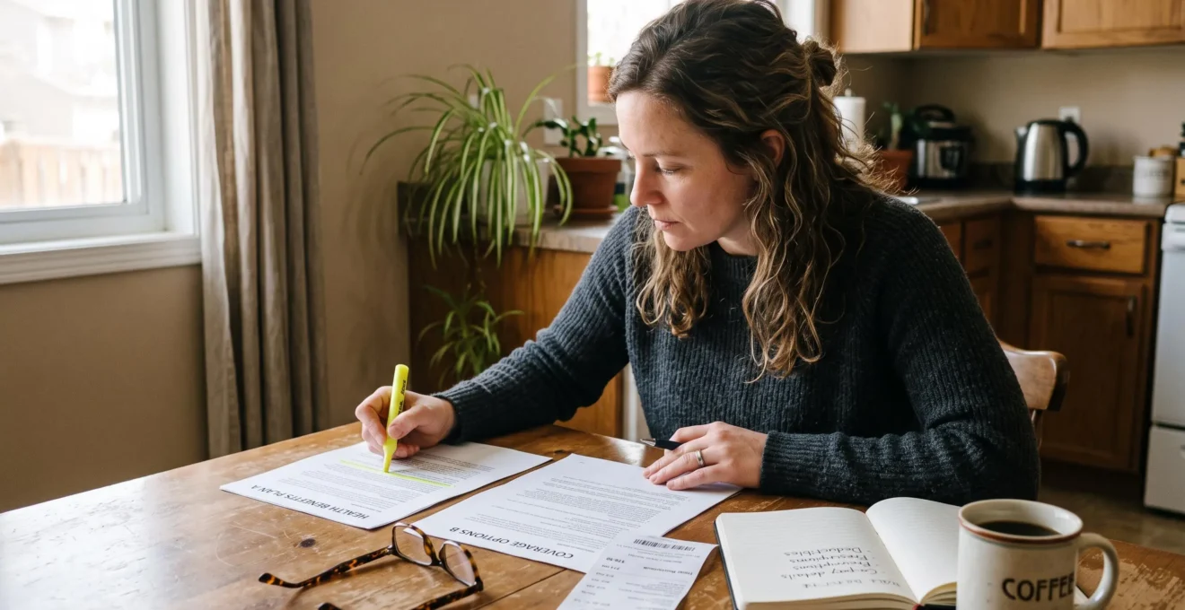 Une femme compare à sa table de cuisine deux documents de couverture santé, un reçu de pharmacie et une paire de lunettes posés à côté, en surlignant une ligne du contrat.