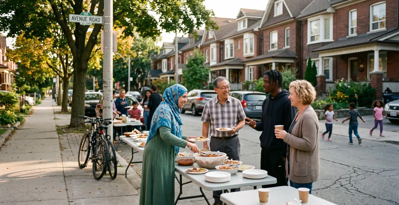 Des habitants d'origines différentes échangent autour de tables lors d'une fête de rue dans un quartier résidentiel canadien.
