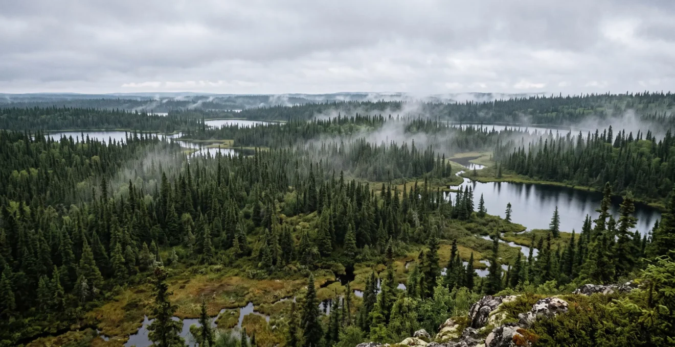 Une vaste forêt boréale canadienne s'étend à perte de vue, parsemée de lacs glaciaires sous une lumière matinale voilée.