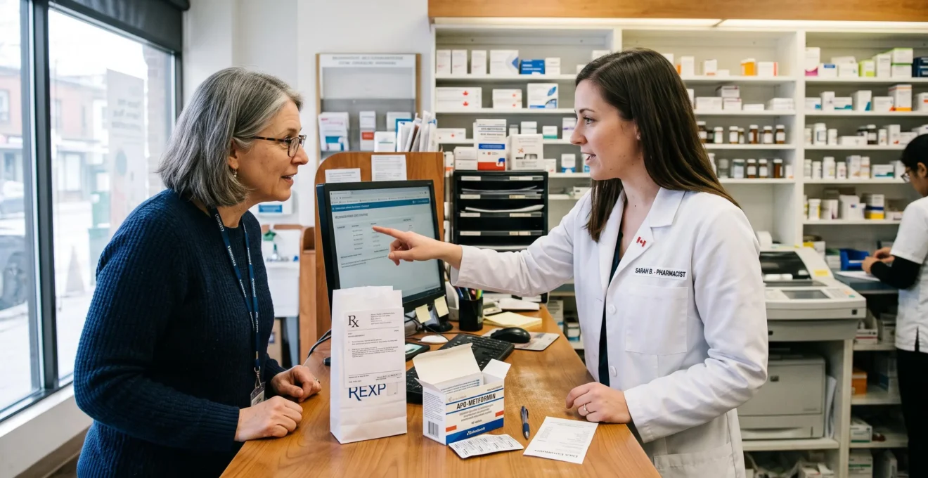 Un pharmacien explique à une patiente le coût d'un médicament sur ordonnance derrière le comptoir d'une pharmacie au Canada.