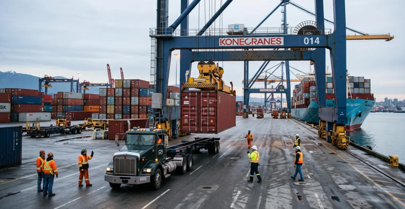 Une grue portuaire soulève un conteneur de marchandises sur un terminal maritime canadien, des dockers en gilets haute visibilité supervisant l'opération au petit matin.