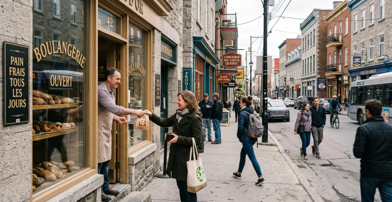 Une cliente reçoit un sac d'un commerçant dans une rue commerçante de Québec où des enseignes sont rédigées en français.